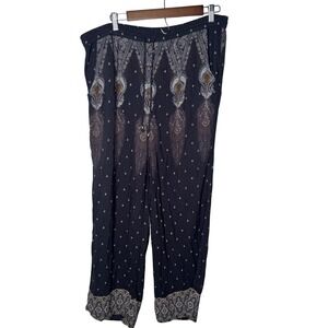 American Eagle Paisley Print Wide Leg Crop Pants Gray Boho Viscose L‎